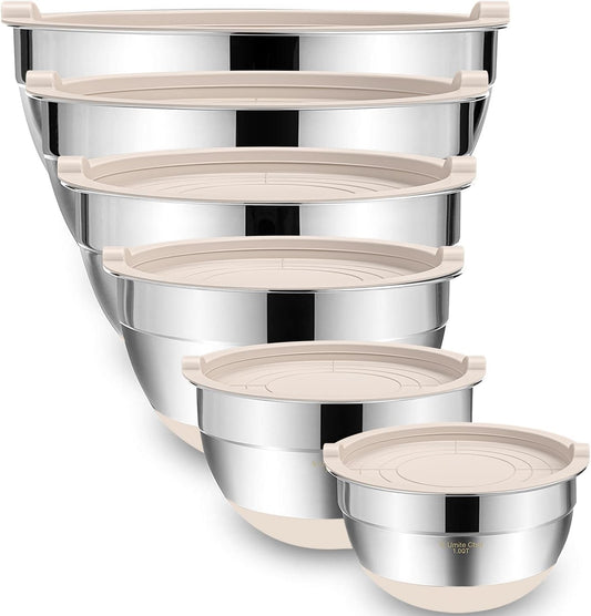 Mixing Bowls with Airtight Lids, 6 piece Stainless Steel Metal Nesting Storage Bowls, Non-Slip Bottoms Size 7, 3.5, 2.5, 2.0,1.5, 1QT, Great for Mixing & Serving (Khaki)