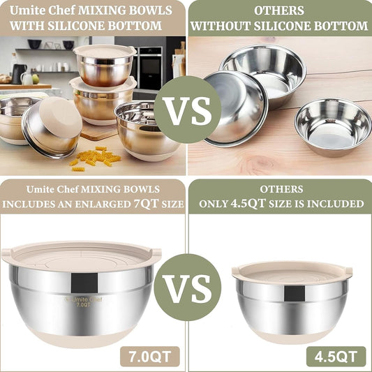 Mixing Bowls with Airtight Lids, 6 piece Stainless Steel Metal Nesting Storage Bowls, Non-Slip Bottoms Size 7, 3.5, 2.5, 2.0,1.5, 1QT, Great for Mixing & Serving (Khaki)