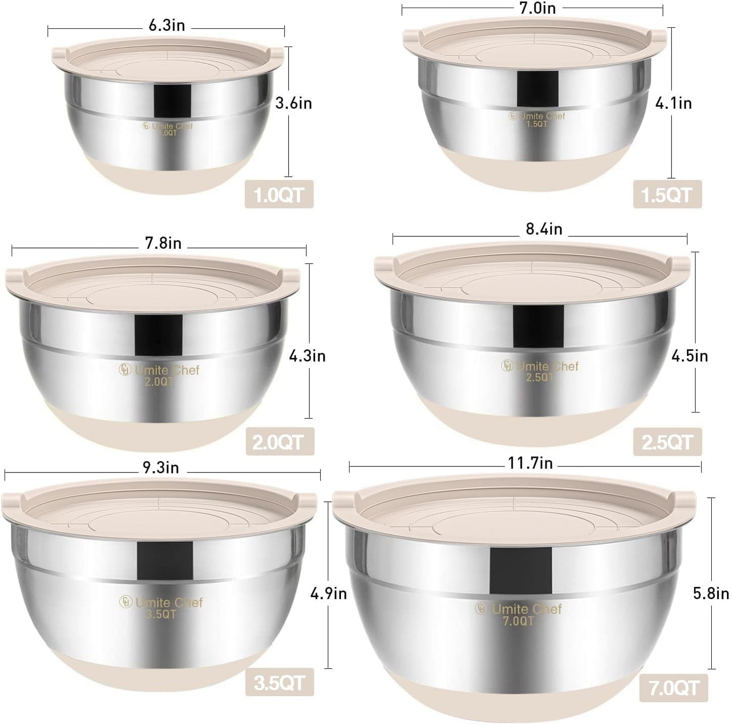 Mixing Bowls with Airtight Lids, 6 piece Stainless Steel Metal Nesting Storage Bowls, Non-Slip Bottoms Size 7, 3.5, 2.5, 2.0,1.5, 1QT, Great for Mixing & Serving (Khaki)