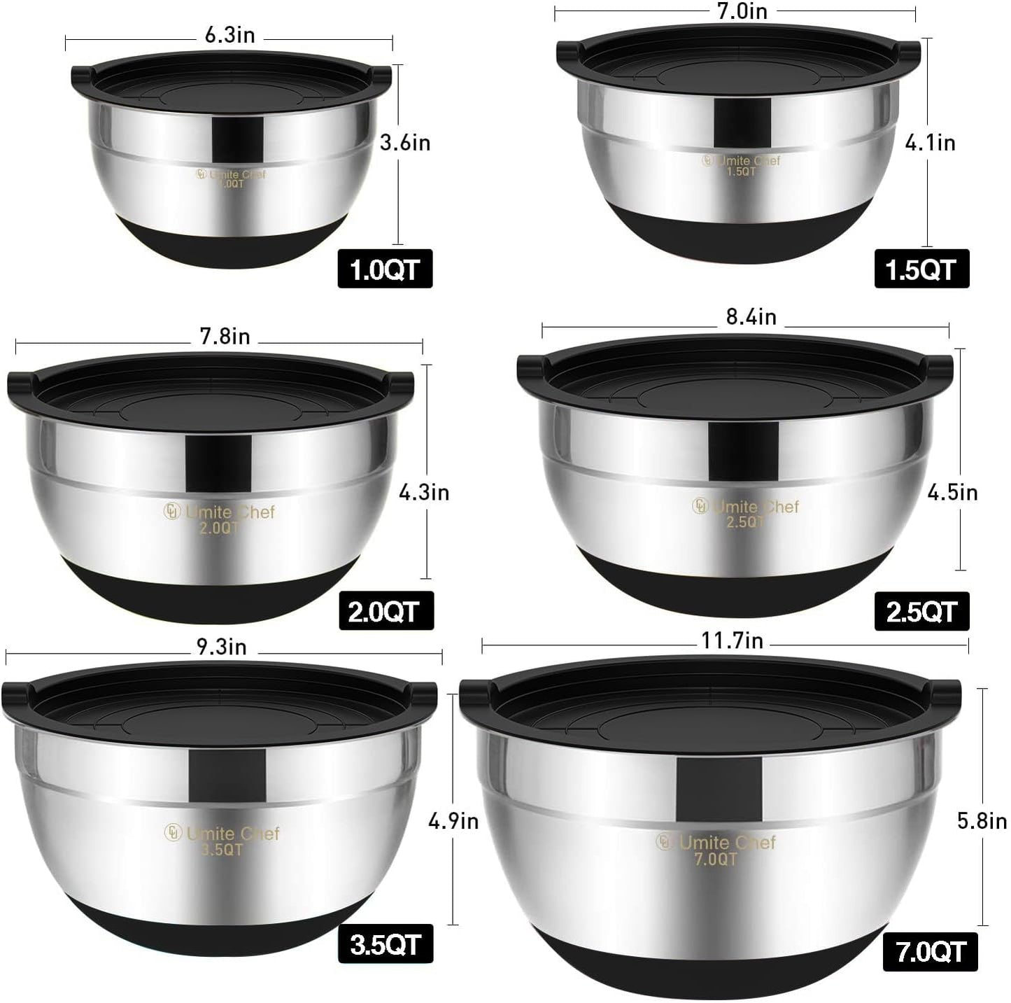 Mixing Bowls with Airtight Lids, 6 piece Stainless Steel Metal Nesting Storage Bowls, Non-Slip Bottoms Size 7, 3.5, 2.5, 2.0,1.5, 1QT, Great for Mixing & Serving (Khaki)