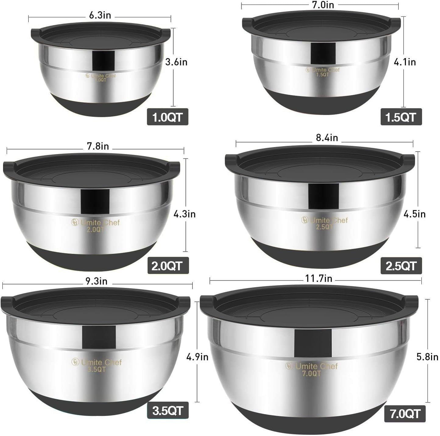 Mixing Bowls with Airtight Lids, 6 piece Stainless Steel Metal Nesting Storage Bowls, Non-Slip Bottoms Size 7, 3.5, 2.5, 2.0,1.5, 1QT, Great for Mixing & Serving (Khaki)