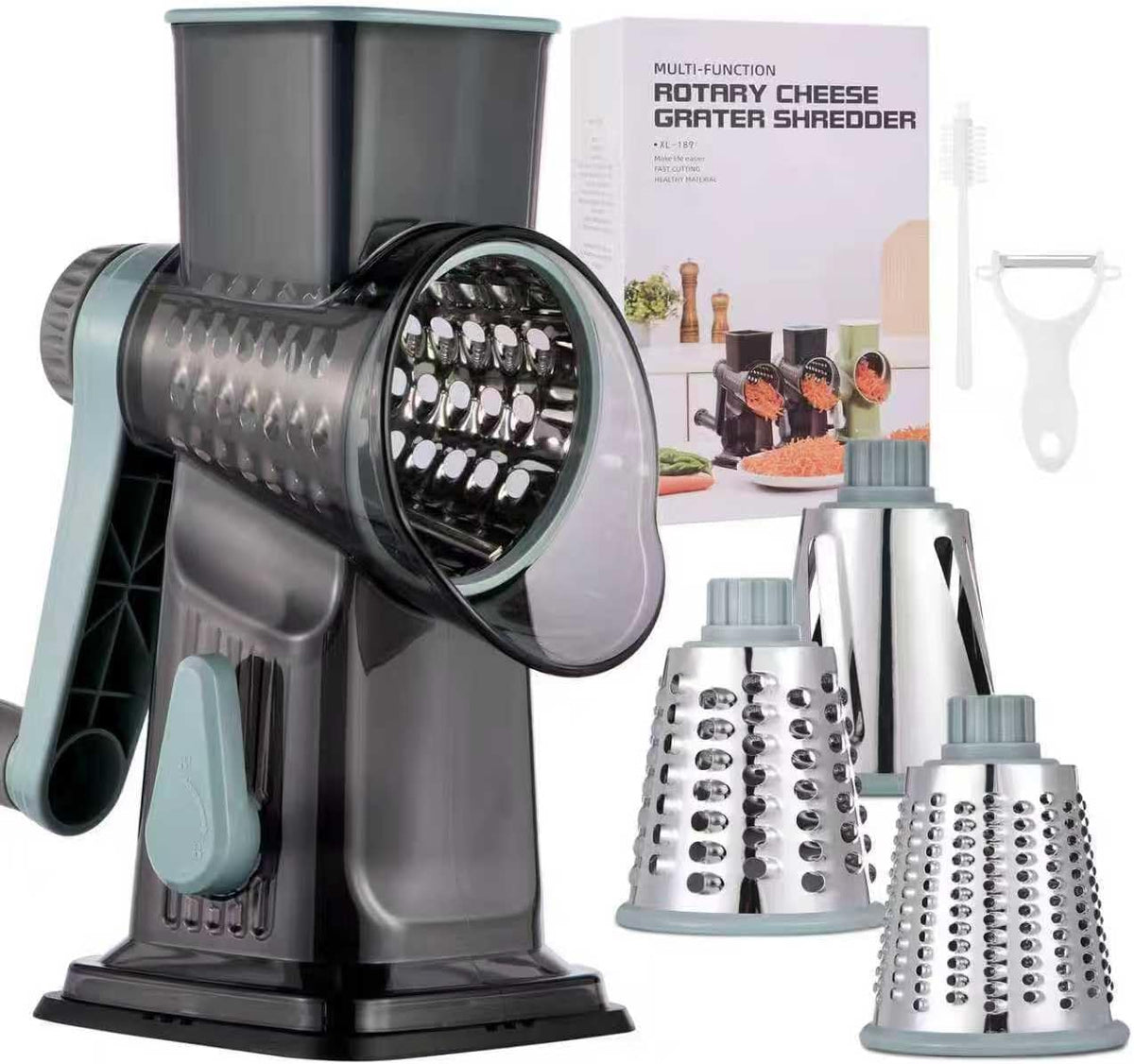 Rotary Cheese Grater with Handle Kitchen Shredder Slicer Grater Slicer Ice Shaver Cheese Vegetable Nuts Potato Zucchini Chocolate 3 Interchangeable Blades (GreyBlue
