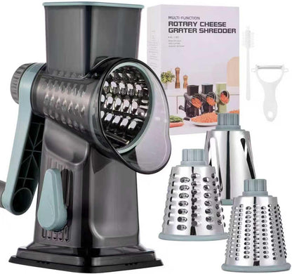 Rotary Cheese Grater with Handle Kitchen Shredder Slicer Grater Slicer Ice Shaver Cheese Vegetable Nuts Potato Zucchini Chocolate 3 Interchangeable Blades (GreyBlue