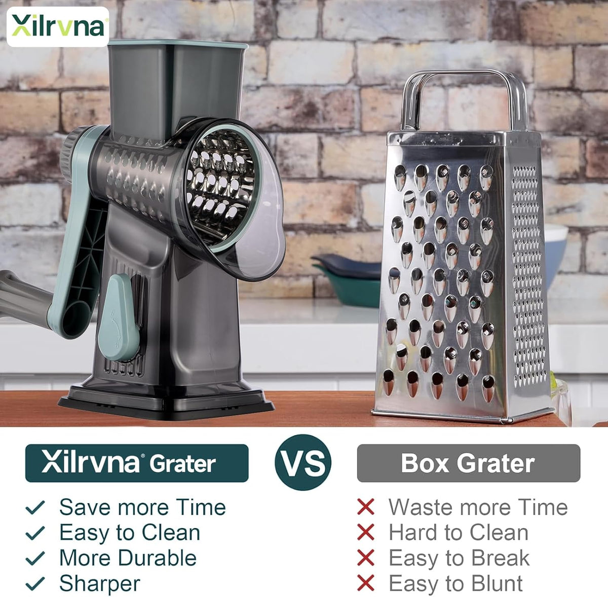 Rotary Cheese Grater with Handle Kitchen Shredder Slicer Grater Slicer Ice Shaver Cheese Vegetable Nuts Potato Zucchini Chocolate 3 Interchangeable Blades (GreyBlue
