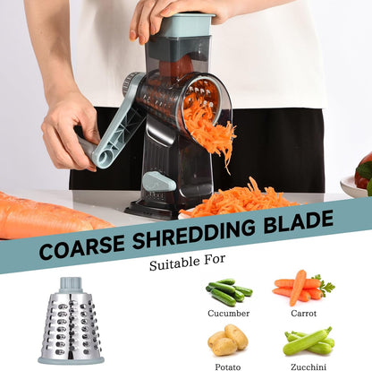 Rotary Cheese Grater with Handle Kitchen Shredder Slicer Grater Slicer Ice Shaver Cheese Vegetable Nuts Potato Zucchini Chocolate 3 Interchangeable Blades (GreyBlue