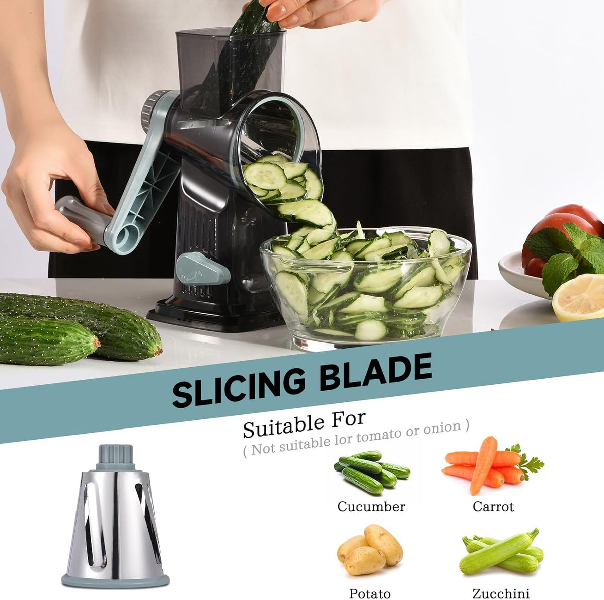 Rotary Cheese Grater with Handle Kitchen Shredder Slicer Grater Slicer Ice Shaver Cheese Vegetable Nuts Potato Zucchini Chocolate 3 Interchangeable Blades (GreyBlue
