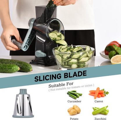 Rotary Cheese Grater with Handle Kitchen Shredder Slicer Grater Slicer Ice Shaver Cheese Vegetable Nuts Potato Zucchini Chocolate 3 Interchangeable Blades (GreyBlue