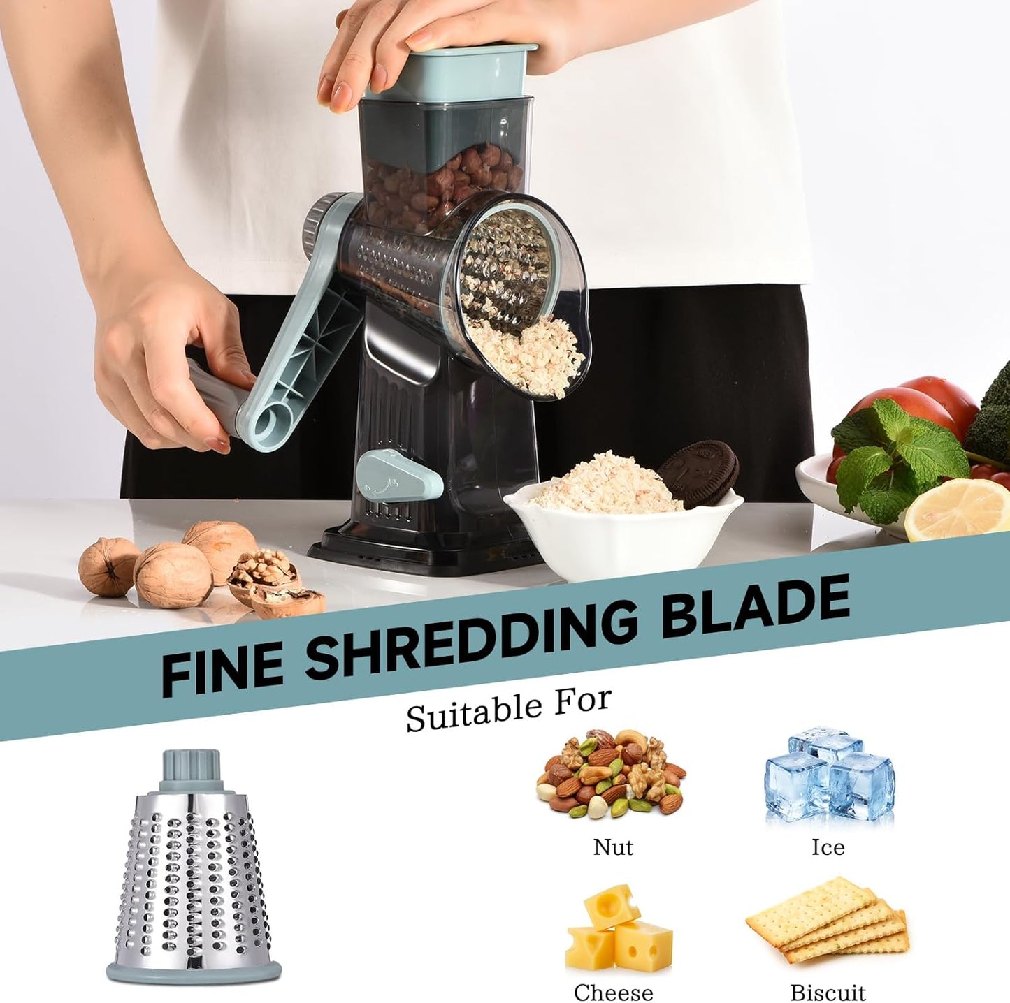 Rotary Cheese Grater with Handle Kitchen Shredder Slicer Grater Slicer Ice Shaver Cheese Vegetable Nuts Potato Zucchini Chocolate 3 Interchangeable Blades (GreyBlue
