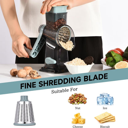 Rotary Cheese Grater with Handle Kitchen Shredder Slicer Grater Slicer Ice Shaver Cheese Vegetable Nuts Potato Zucchini Chocolate 3 Interchangeable Blades (GreyBlue