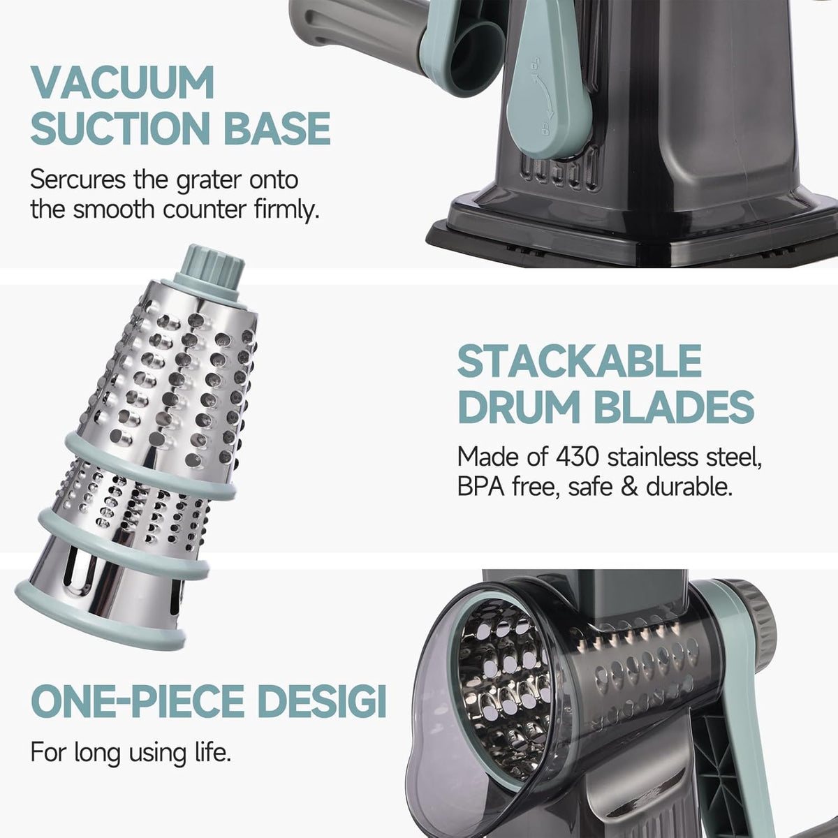 Rotary Cheese Grater with Handle Kitchen Shredder Slicer Grater Slicer Ice Shaver Cheese Vegetable Nuts Potato Zucchini Chocolate 3 Interchangeable Blades (GreyBlue