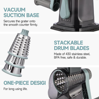 Rotary Cheese Grater with Handle Kitchen Shredder Slicer Grater Slicer Ice Shaver Cheese Vegetable Nuts Potato Zucchini Chocolate 3 Interchangeable Blades (GreyBlue