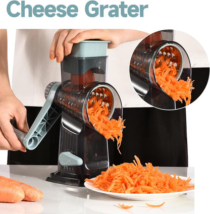 Rotary Cheese Grater with Handle Kitchen Shredder Slicer Grater Slicer Ice Shaver Cheese Vegetable Nuts Potato Zucchini Chocolate 3 Interchangeable Blades (GreyBlue