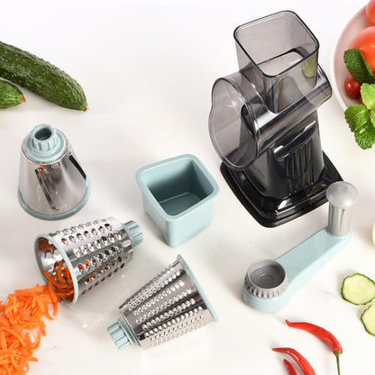 Rotary Cheese Grater with Handle Kitchen Shredder Slicer Grater Slicer Ice Shaver Cheese Vegetable Nuts Potato Zucchini Chocolate 3 Interchangeable Blades (GreyBlue