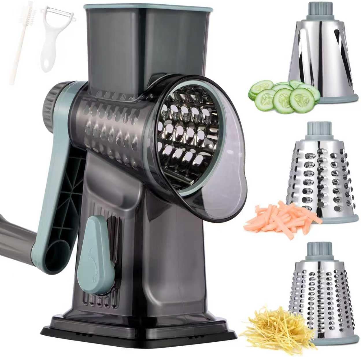 Rotary Cheese Grater with Handle Kitchen Shredder Slicer Grater Slicer Ice Shaver Cheese Vegetable Nuts Potato Zucchini Chocolate 3 Interchangeable Blades (GreyBlue