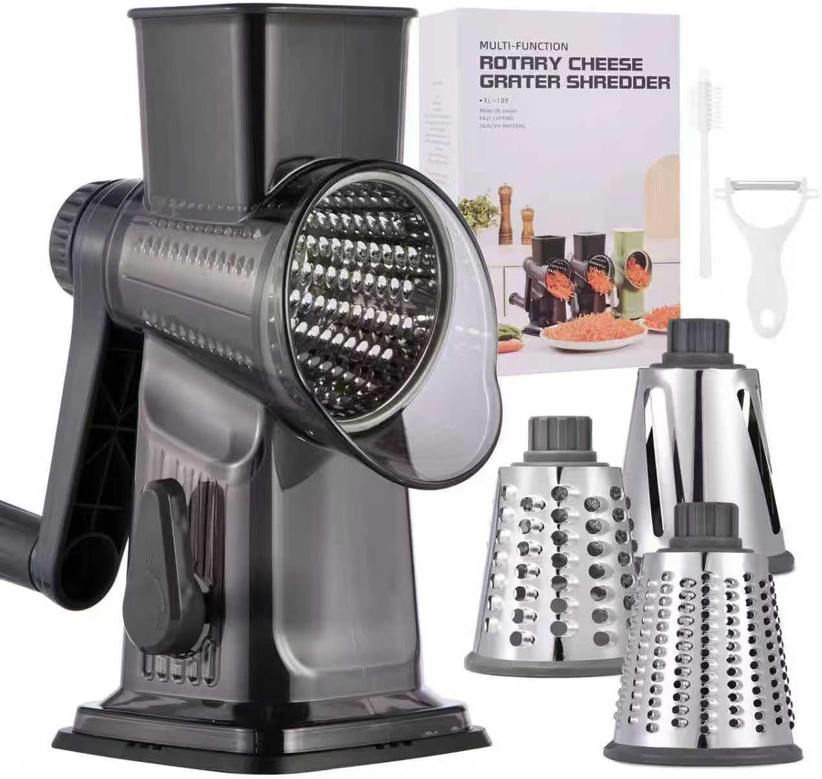 Rotary Cheese Grater with Handle Kitchen Shredder Slicer Grater Slicer Ice Shaver Cheese Vegetable Nuts Potato Zucchini Chocolate 3 Interchangeable Blades (GreyBlue