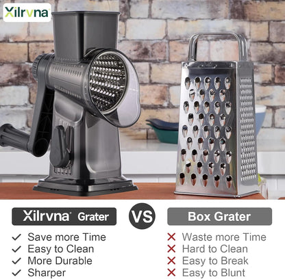 Rotary Cheese Grater with Handle Kitchen Shredder Slicer Grater Slicer Ice Shaver Cheese Vegetable Nuts Potato Zucchini Chocolate 3 Interchangeable Blades (GreyBlue