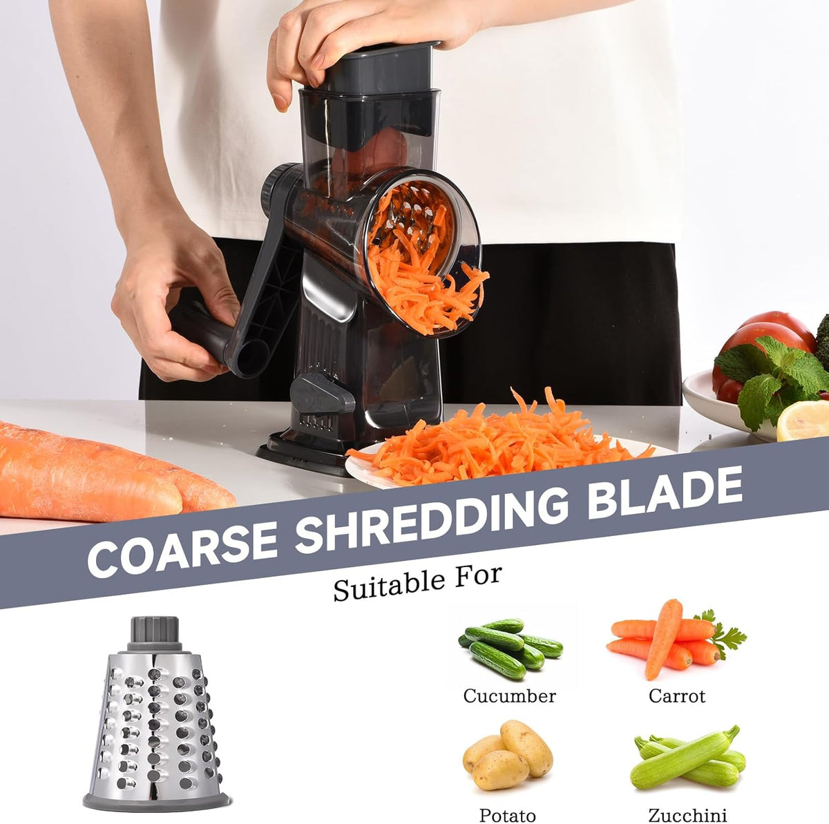 Rotary Cheese Grater with Handle Kitchen Shredder Slicer Grater Slicer Ice Shaver Cheese Vegetable Nuts Potato Zucchini Chocolate 3 Interchangeable Blades (GreyBlue