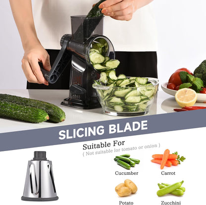 Rotary Cheese Grater with Handle Kitchen Shredder Slicer Grater Slicer Ice Shaver Cheese Vegetable Nuts Potato Zucchini Chocolate 3 Interchangeable Blades (GreyBlue