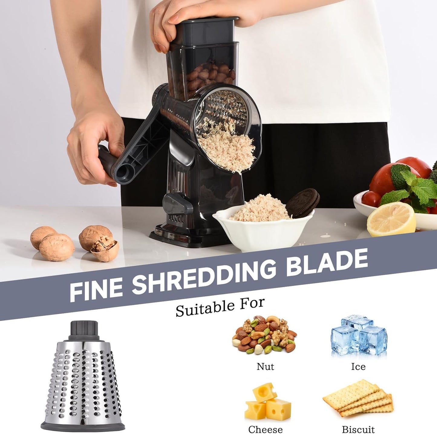 Rotary Cheese Grater with Handle Kitchen Shredder Slicer Grater Slicer Ice Shaver Cheese Vegetable Nuts Potato Zucchini Chocolate 3 Interchangeable Blades (GreyBlue