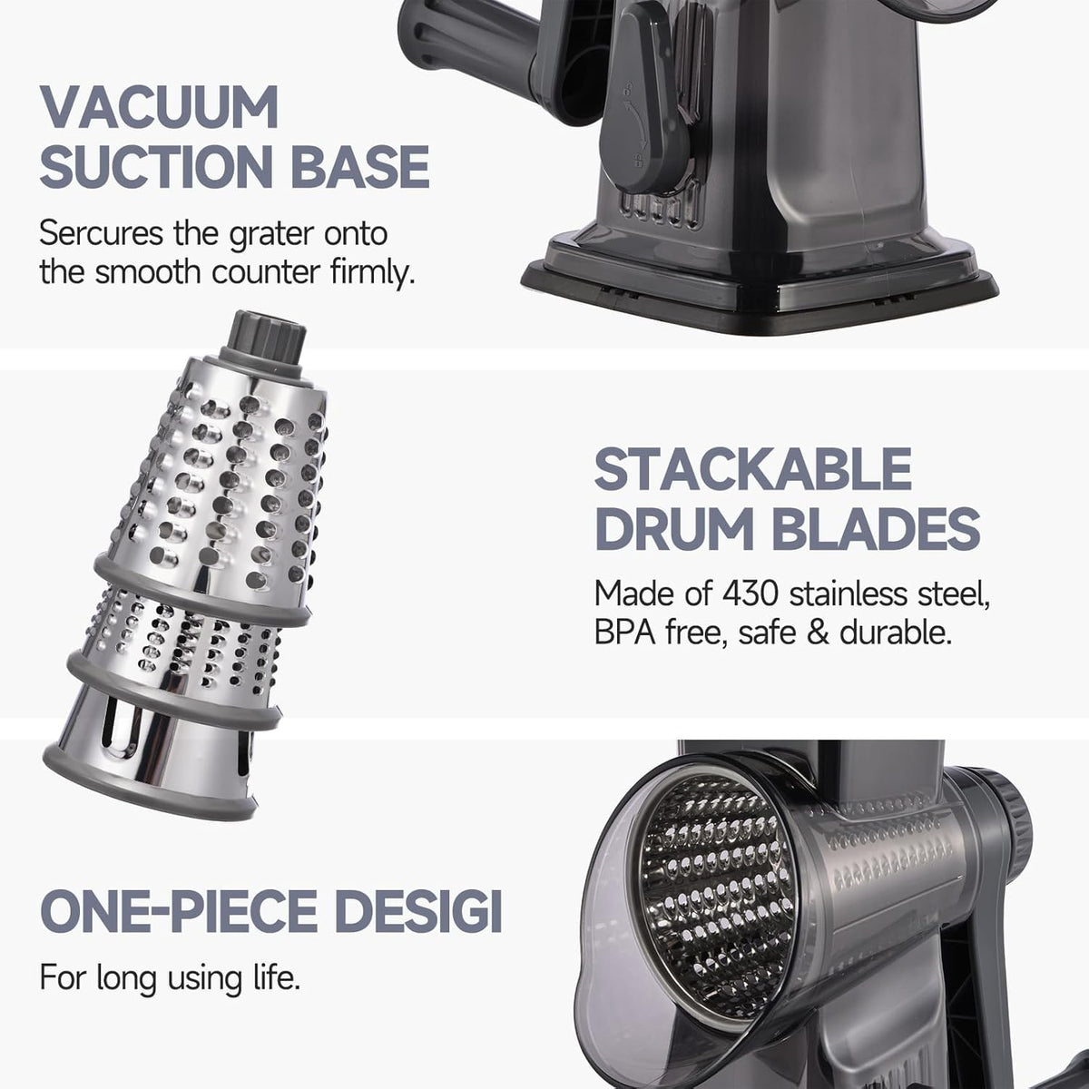 Rotary Cheese Grater with Handle Kitchen Shredder Slicer Grater Slicer Ice Shaver Cheese Vegetable Nuts Potato Zucchini Chocolate 3 Interchangeable Blades (GreyBlue