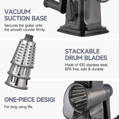 Rotary Cheese Grater with Handle Kitchen Shredder Slicer Grater Slicer Ice Shaver Cheese Vegetable Nuts Potato Zucchini Chocolate 3 Interchangeable Blades (GreyBlue