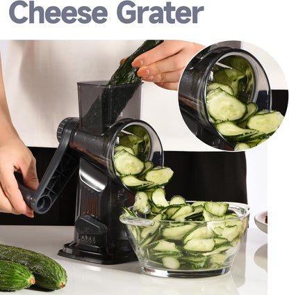 Rotary Cheese Grater with Handle Kitchen Shredder Slicer Grater Slicer Ice Shaver Cheese Vegetable Nuts Potato Zucchini Chocolate 3 Interchangeable Blades (GreyBlue