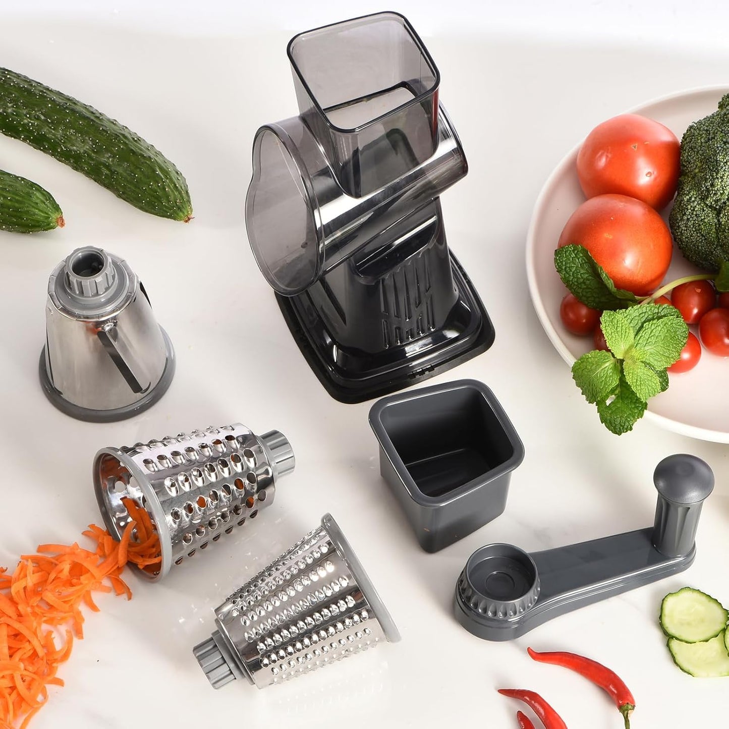 Rotary Cheese Grater with Handle Kitchen Shredder Slicer Grater Slicer Ice Shaver Cheese Vegetable Nuts Potato Zucchini Chocolate 3 Interchangeable Blades (GreyBlue