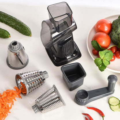 Rotary Cheese Grater with Handle Kitchen Shredder Slicer Grater Slicer Ice Shaver Cheese Vegetable Nuts Potato Zucchini Chocolate 3 Interchangeable Blades (GreyBlue