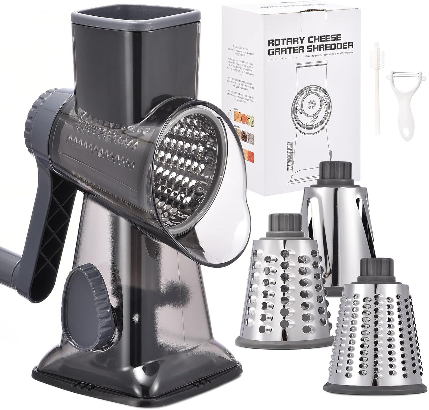 Rotary Cheese Grater with Handle Kitchen Shredder Slicer Grater Slicer Ice Shaver Cheese Vegetable Nuts Potato Zucchini Chocolate 3 Interchangeable Blades (GreyBlue