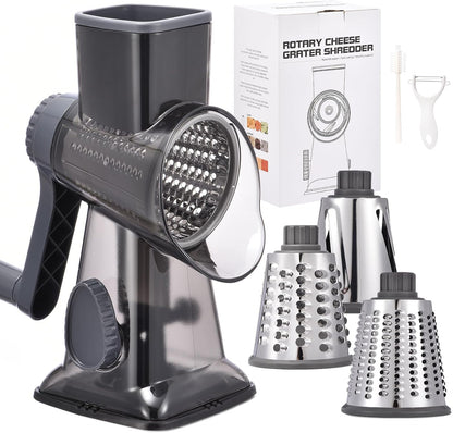 Rotary Cheese Grater with Handle Kitchen Shredder Slicer Grater Slicer Ice Shaver Cheese Vegetable Nuts Potato Zucchini Chocolate 3 Interchangeable Blades (GreyBlue