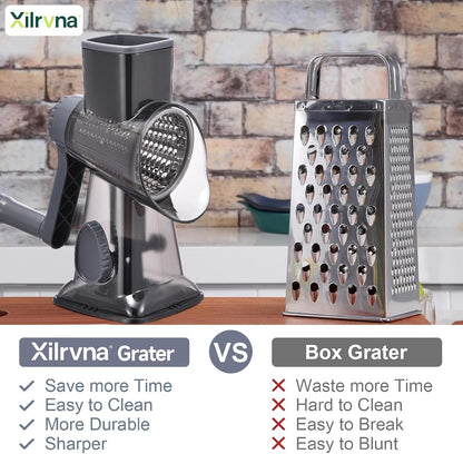 Rotary Cheese Grater with Handle Kitchen Shredder Slicer Grater Slicer Ice Shaver Cheese Vegetable Nuts Potato Zucchini Chocolate 3 Interchangeable Blades (GreyBlue