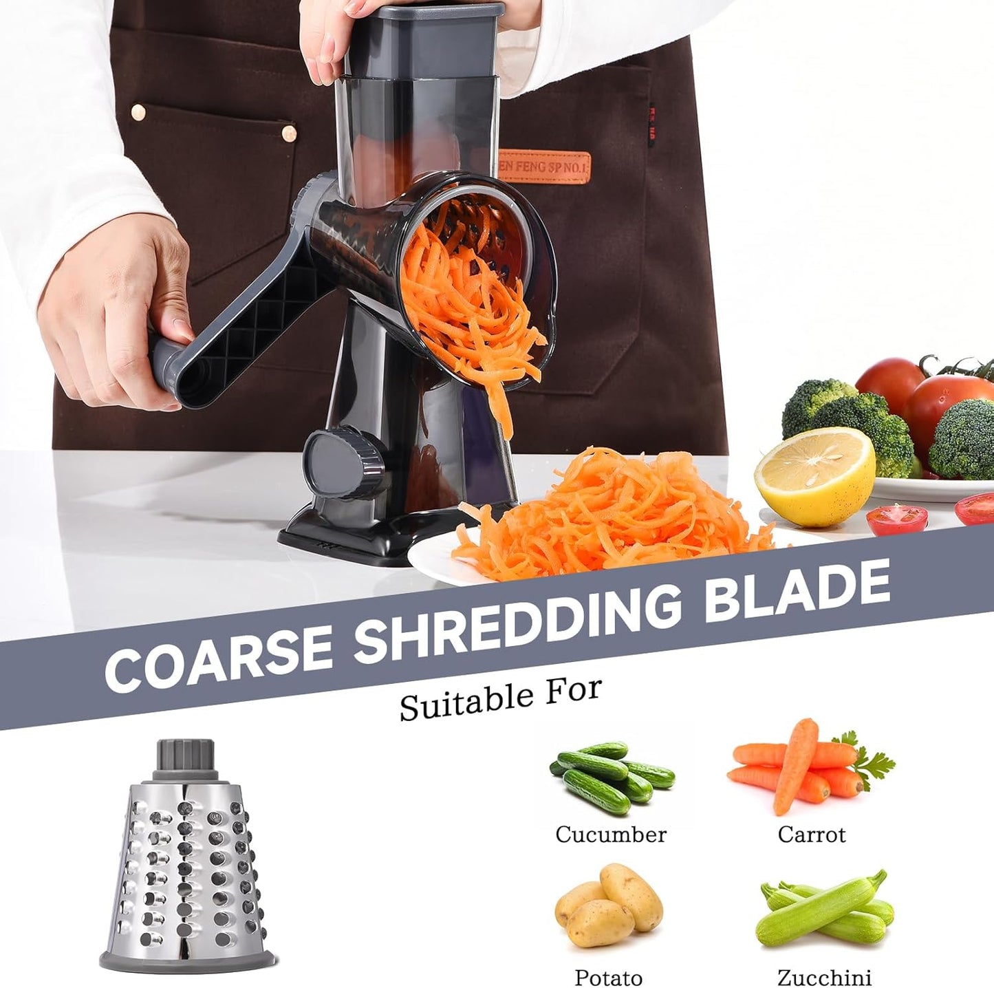 Rotary Cheese Grater with Handle Kitchen Shredder Slicer Grater Slicer Ice Shaver Cheese Vegetable Nuts Potato Zucchini Chocolate 3 Interchangeable Blades (GreyBlue