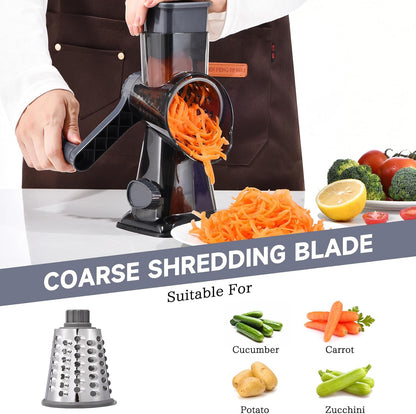 Rotary Cheese Grater with Handle Kitchen Shredder Slicer Grater Slicer Ice Shaver Cheese Vegetable Nuts Potato Zucchini Chocolate 3 Interchangeable Blades (GreyBlue