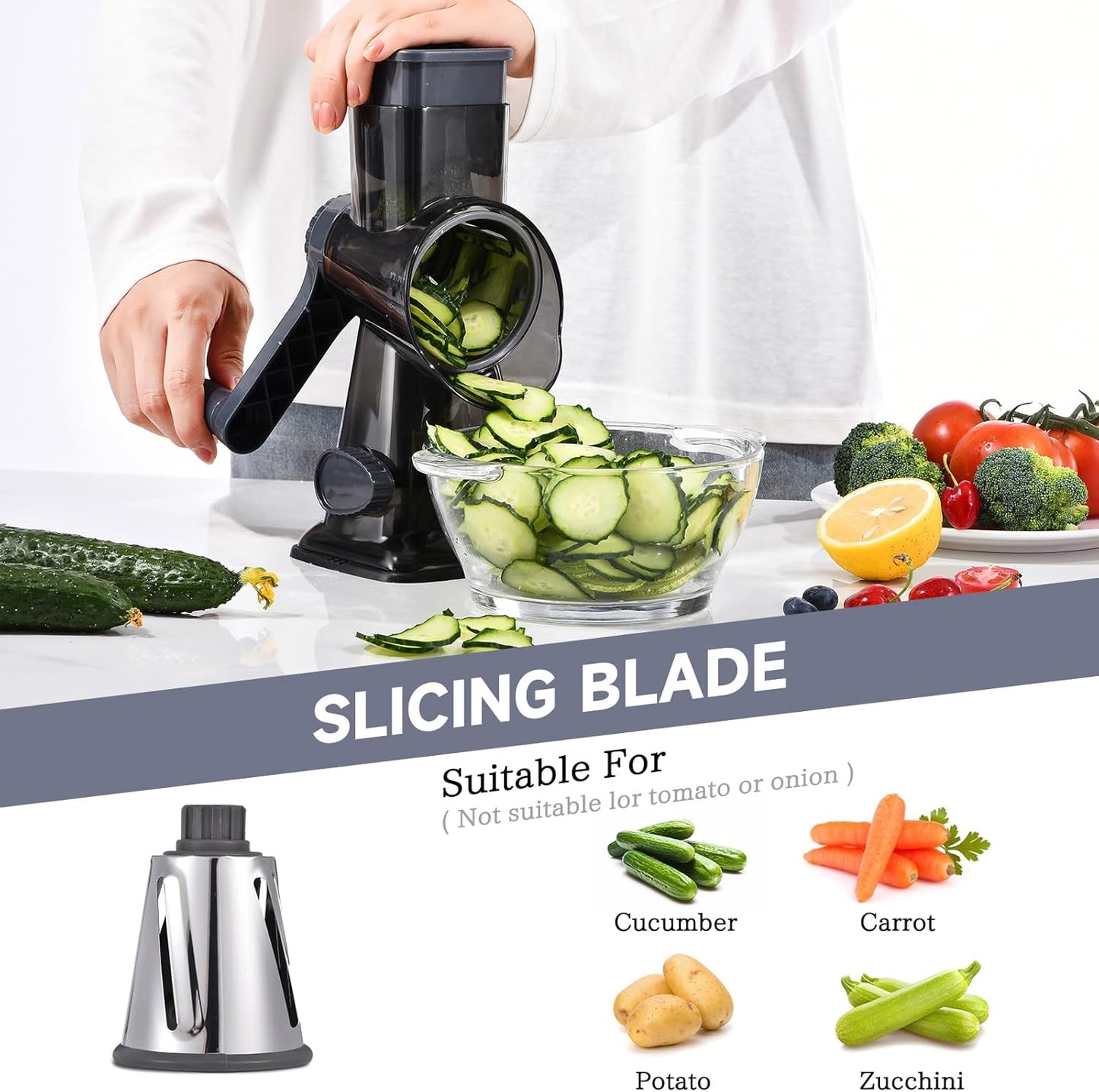 Rotary Cheese Grater with Handle Kitchen Shredder Slicer Grater Slicer Ice Shaver Cheese Vegetable Nuts Potato Zucchini Chocolate 3 Interchangeable Blades (GreyBlue