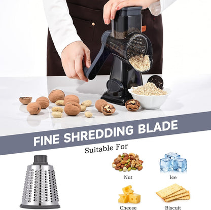 Rotary Cheese Grater with Handle Kitchen Shredder Slicer Grater Slicer Ice Shaver Cheese Vegetable Nuts Potato Zucchini Chocolate 3 Interchangeable Blades (GreyBlue