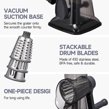 Rotary Cheese Grater with Handle Kitchen Shredder Slicer Grater Slicer Ice Shaver Cheese Vegetable Nuts Potato Zucchini Chocolate 3 Interchangeable Blades (GreyBlue