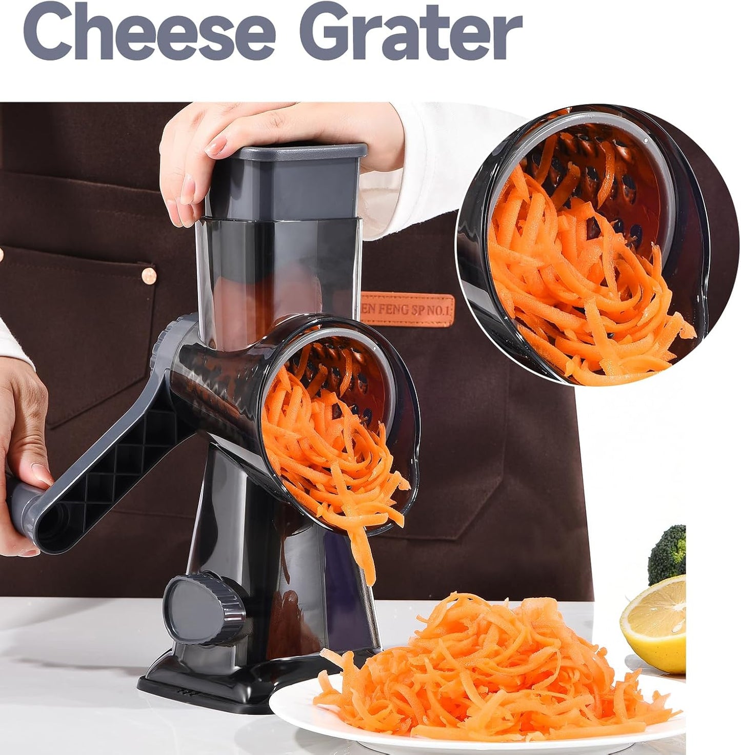 Rotary Cheese Grater with Handle Kitchen Shredder Slicer Grater Slicer Ice Shaver Cheese Vegetable Nuts Potato Zucchini Chocolate 3 Interchangeable Blades (GreyBlue