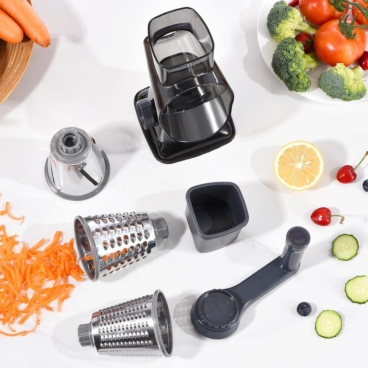 Rotary Cheese Grater with Handle Kitchen Shredder Slicer Grater Slicer Ice Shaver Cheese Vegetable Nuts Potato Zucchini Chocolate 3 Interchangeable Blades (GreyBlue