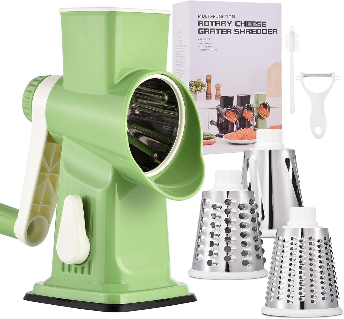 Rotary Cheese Grater with Handle Kitchen Shredder Slicer Grater Slicer Ice Shaver Cheese Vegetable Nuts Potato Zucchini Chocolate 3 Interchangeable Blades (GreyBlue