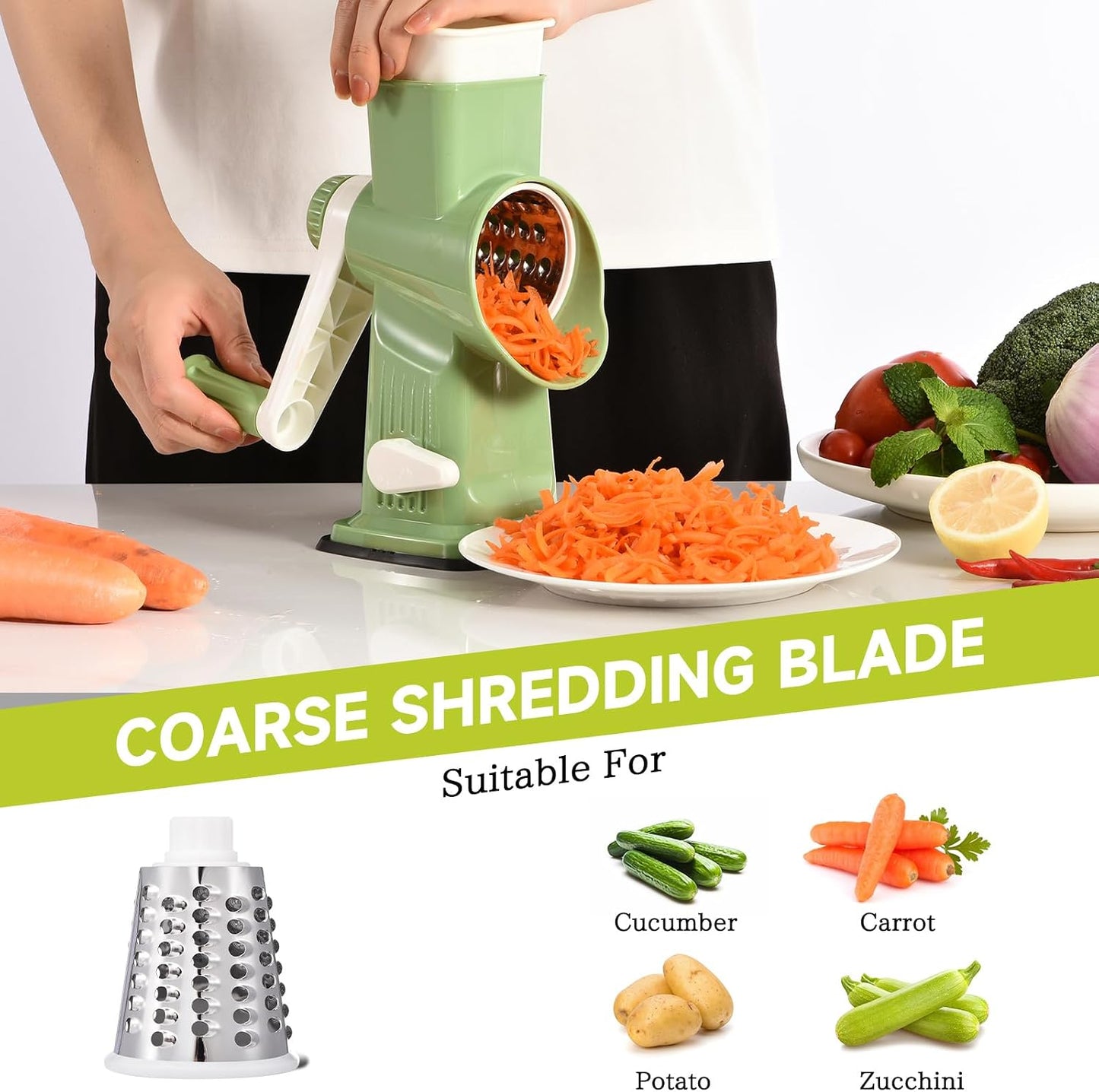 Rotary Cheese Grater with Handle Kitchen Shredder Slicer Grater Slicer Ice Shaver Cheese Vegetable Nuts Potato Zucchini Chocolate 3 Interchangeable Blades (GreyBlue