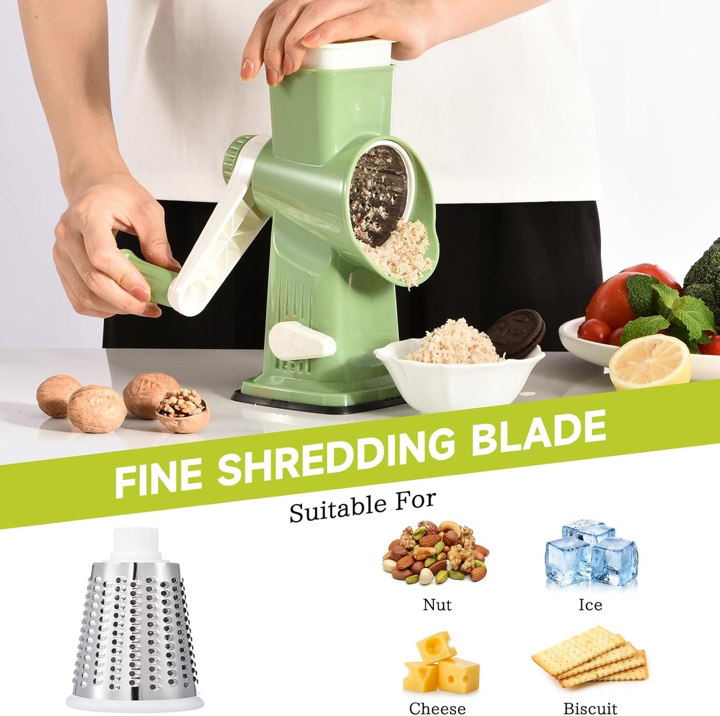 Rotary Cheese Grater with Handle Kitchen Shredder Slicer Grater Slicer Ice Shaver Cheese Vegetable Nuts Potato Zucchini Chocolate 3 Interchangeable Blades (GreyBlue