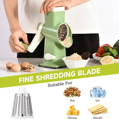 Rotary Cheese Grater with Handle Kitchen Shredder Slicer Grater Slicer Ice Shaver Cheese Vegetable Nuts Potato Zucchini Chocolate 3 Interchangeable Blades (GreyBlue