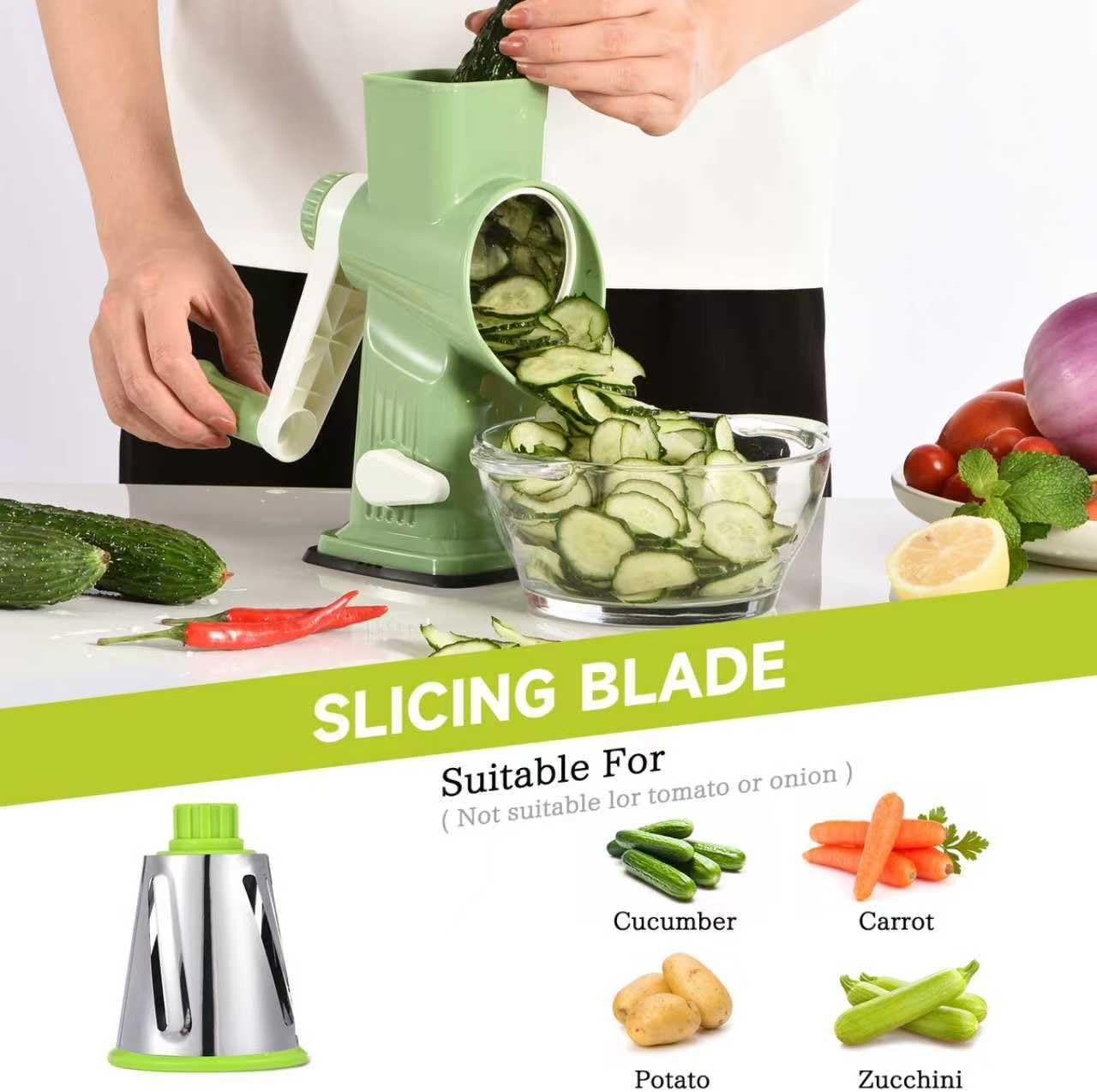 Rotary Cheese Grater with Handle Kitchen Shredder Slicer Grater Slicer Ice Shaver Cheese Vegetable Nuts Potato Zucchini Chocolate 3 Interchangeable Blades (GreyBlue