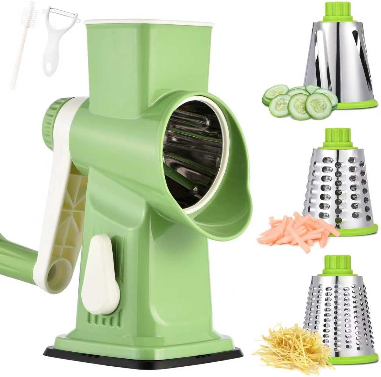 Rotary Cheese Grater with Handle Kitchen Shredder Slicer Grater Slicer Ice Shaver Cheese Vegetable Nuts Potato Zucchini Chocolate 3 Interchangeable Blades (GreyBlue