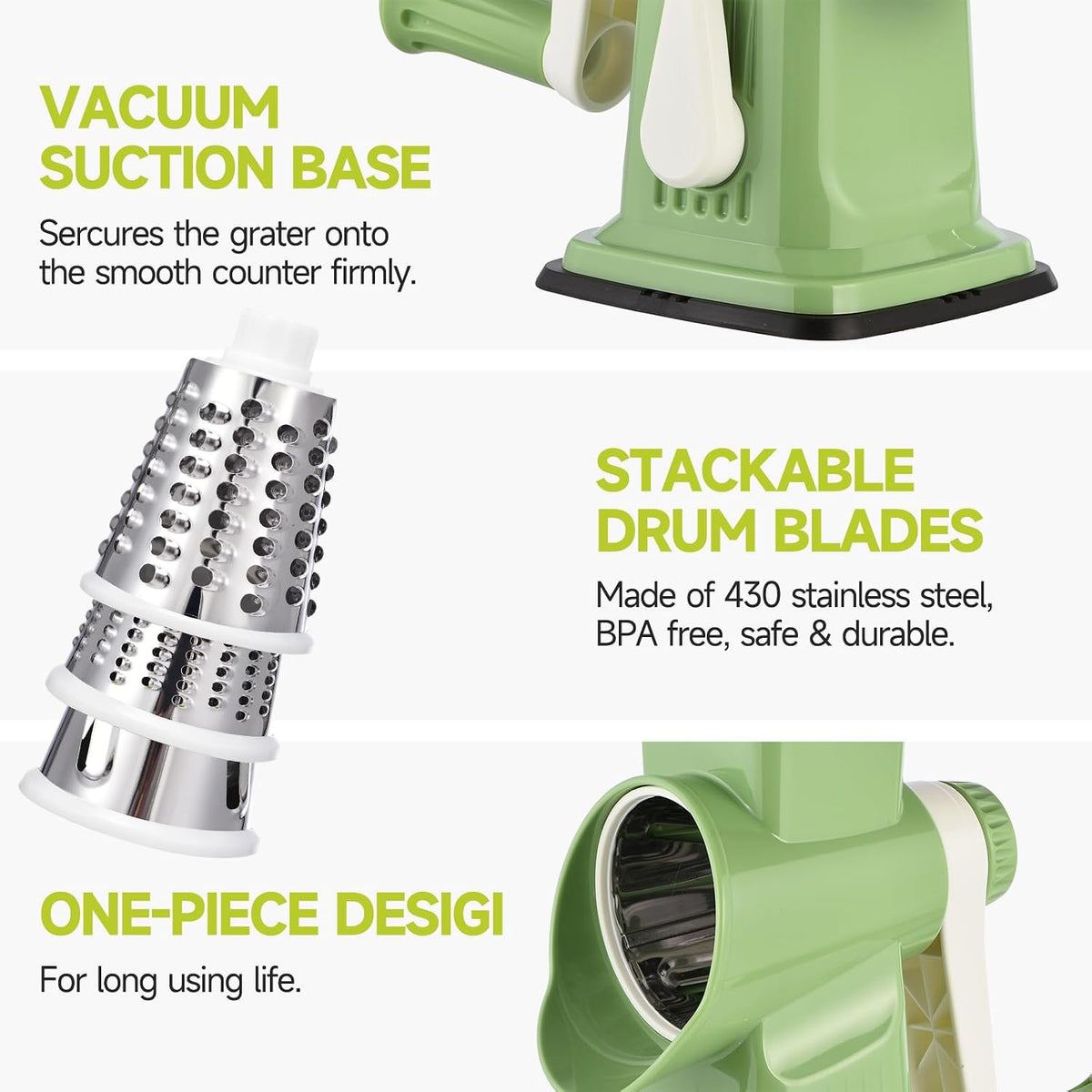 Rotary Cheese Grater with Handle Kitchen Shredder Slicer Grater Slicer Ice Shaver Cheese Vegetable Nuts Potato Zucchini Chocolate 3 Interchangeable Blades (GreyBlue