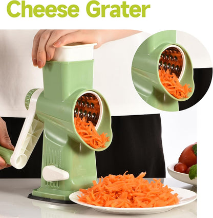 Rotary Cheese Grater with Handle Kitchen Shredder Slicer Grater Slicer Ice Shaver Cheese Vegetable Nuts Potato Zucchini Chocolate 3 Interchangeable Blades (GreyBlue