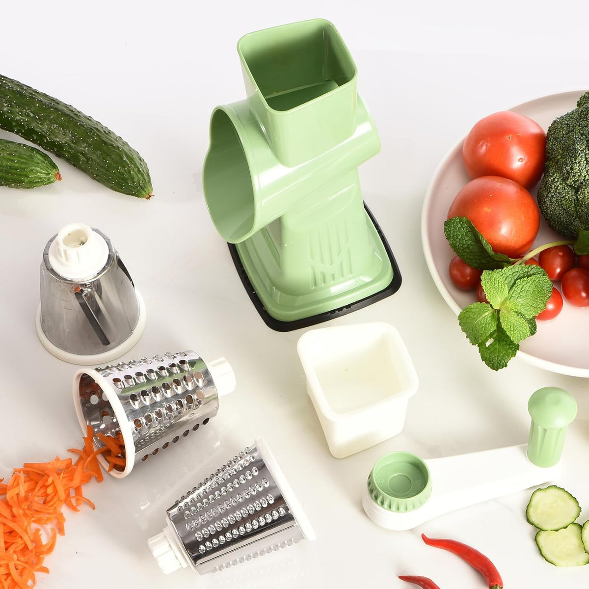 Rotary Cheese Grater with Handle Kitchen Shredder Slicer Grater Slicer Ice Shaver Cheese Vegetable Nuts Potato Zucchini Chocolate 3 Interchangeable Blades (GreyBlue