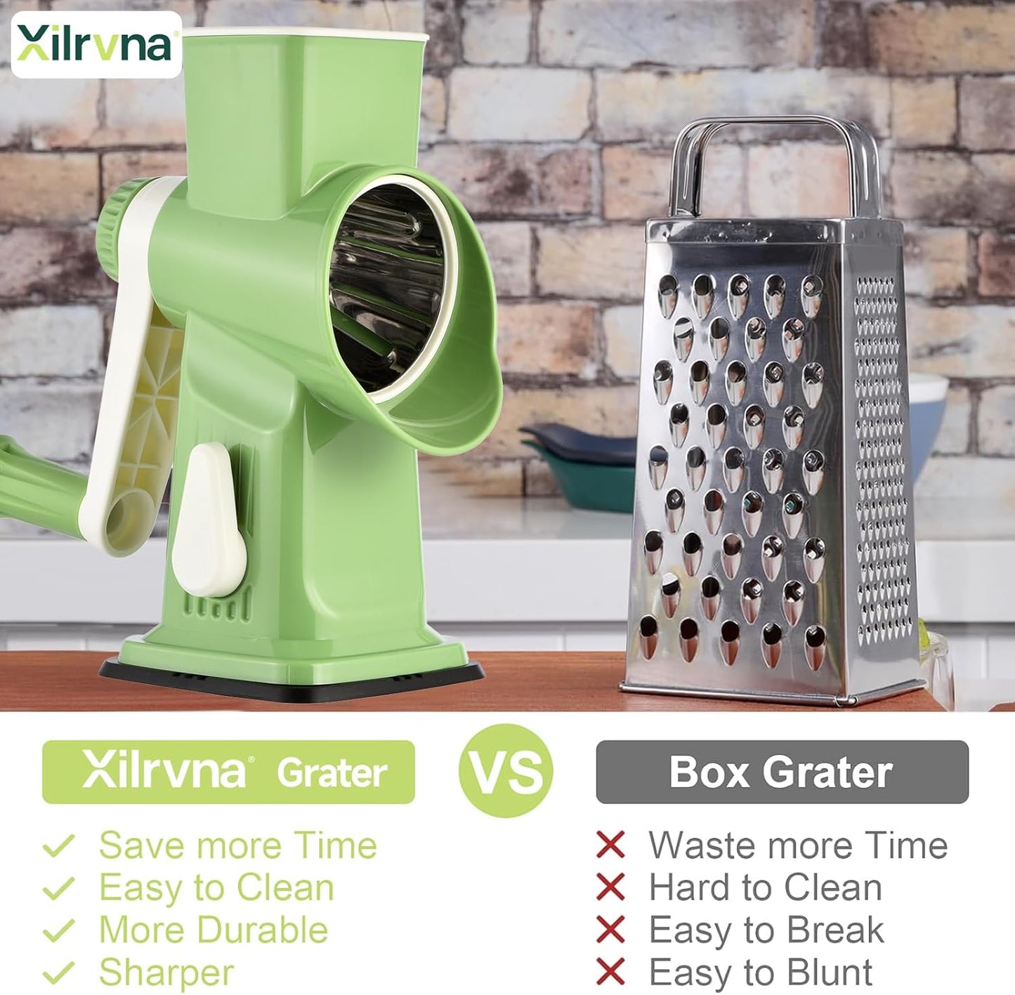 Rotary Cheese Grater with Handle Kitchen Shredder Slicer Grater Slicer Ice Shaver Cheese Vegetable Nuts Potato Zucchini Chocolate 3 Interchangeable Blades (GreyBlue