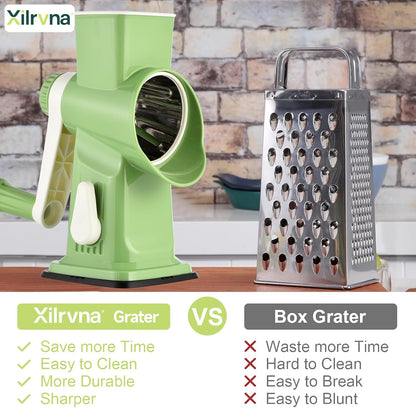 Rotary Cheese Grater with Handle Kitchen Shredder Slicer Grater Slicer Ice Shaver Cheese Vegetable Nuts Potato Zucchini Chocolate 3 Interchangeable Blades (GreyBlue