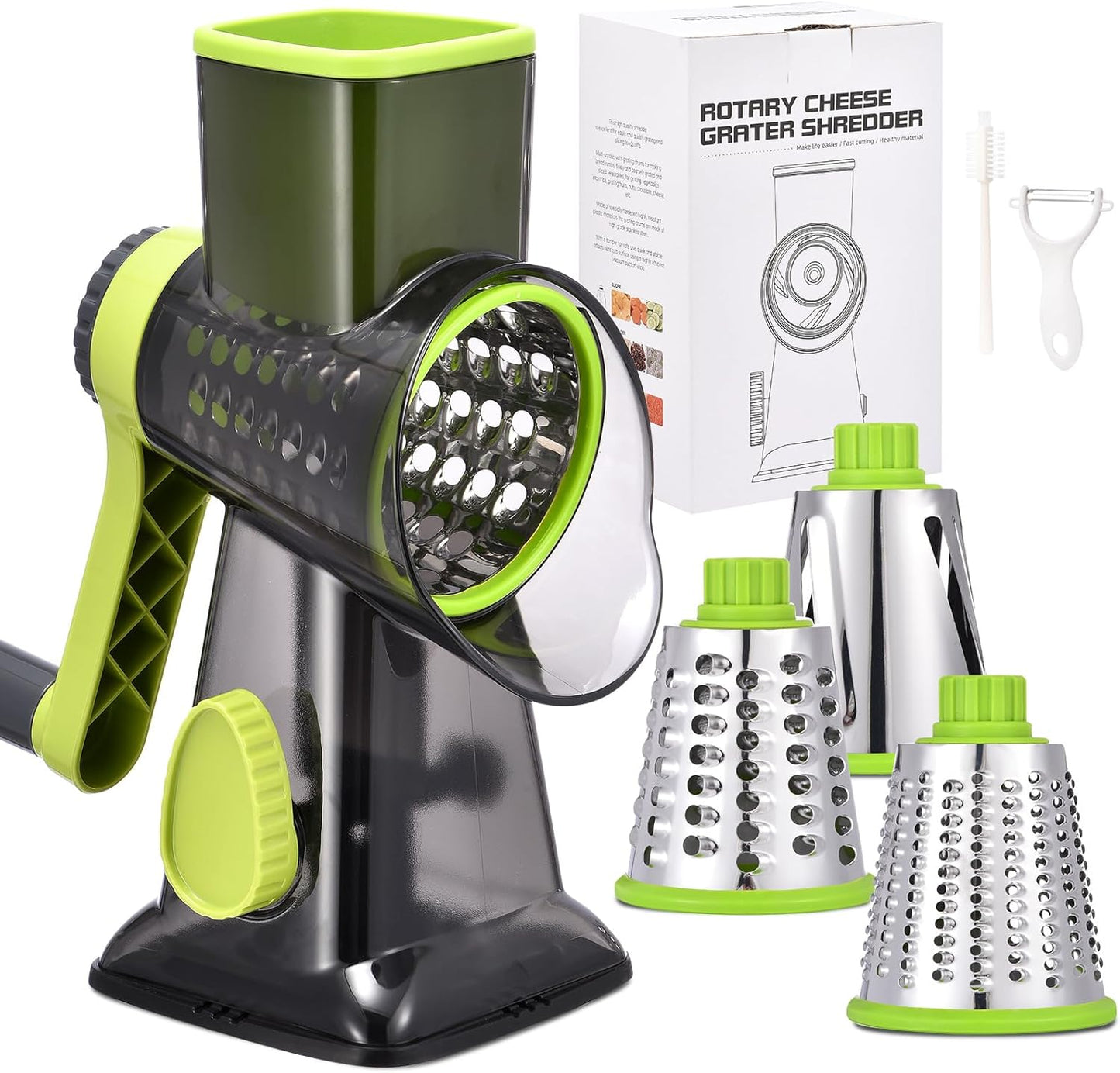 Rotary Cheese Grater with Handle Kitchen Shredder Slicer Grater Slicer Ice Shaver Cheese Vegetable Nuts Potato Zucchini Chocolate 3 Interchangeable Blades (GreyBlue